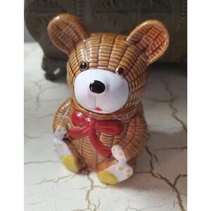 Vtg Ceramic Brown Teddy Bear Bow Tie Honey Pot Jar 5" Cold Painted Otagiri Japan